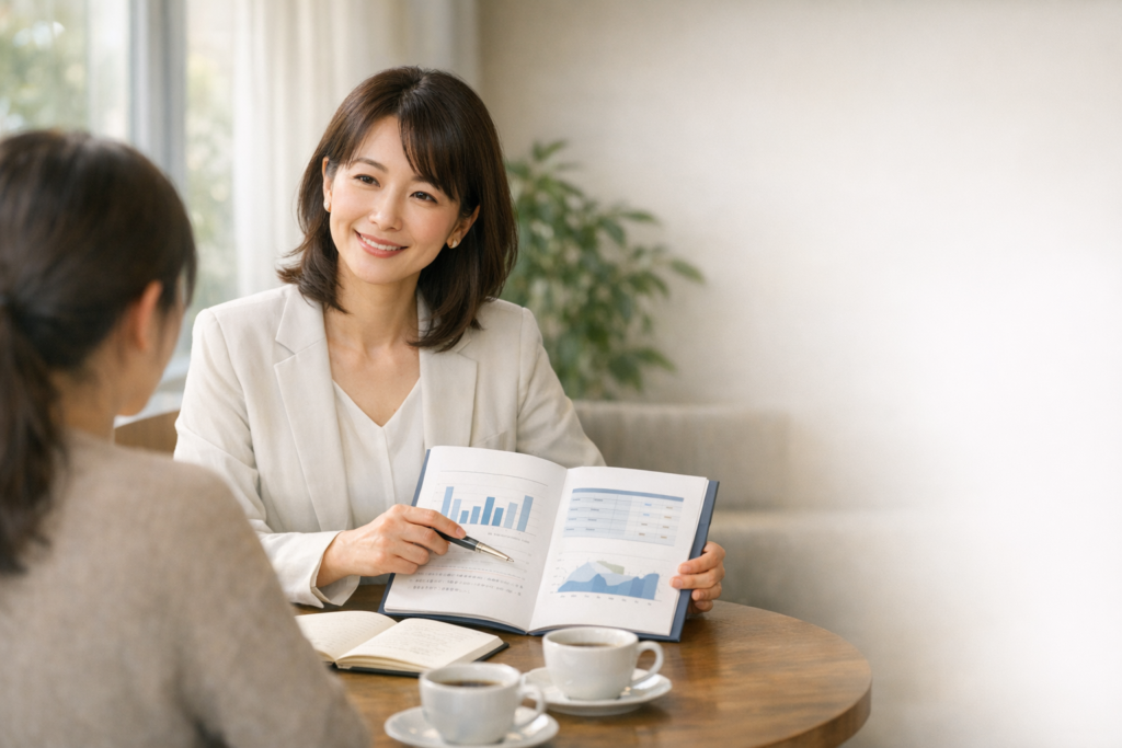 落ち着いたラウンジで、40代の女性仲人が資料のグラフを指し示しながら、向かいに座る相談者に穏やかに説明している様子。テーブルにはコーヒーとノートが置かれ、自然光が差し込む静かな対話の場面。