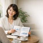 落ち着いたラウンジで、40代の女性仲人が資料のグラフを指し示しながら、向かいに座る相談者に穏やかに説明している様子。テーブルにはコーヒーとノートが置かれ、自然光が差し込む静かな対話の場面。