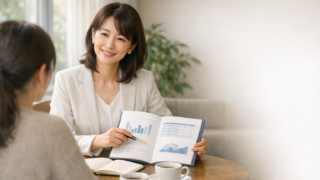 落ち着いたラウンジで、40代の女性仲人が資料のグラフを指し示しながら、向かいに座る相談者に穏やかに説明している様子。テーブルにはコーヒーとノートが置かれ、自然光が差し込む静かな対話の場面。