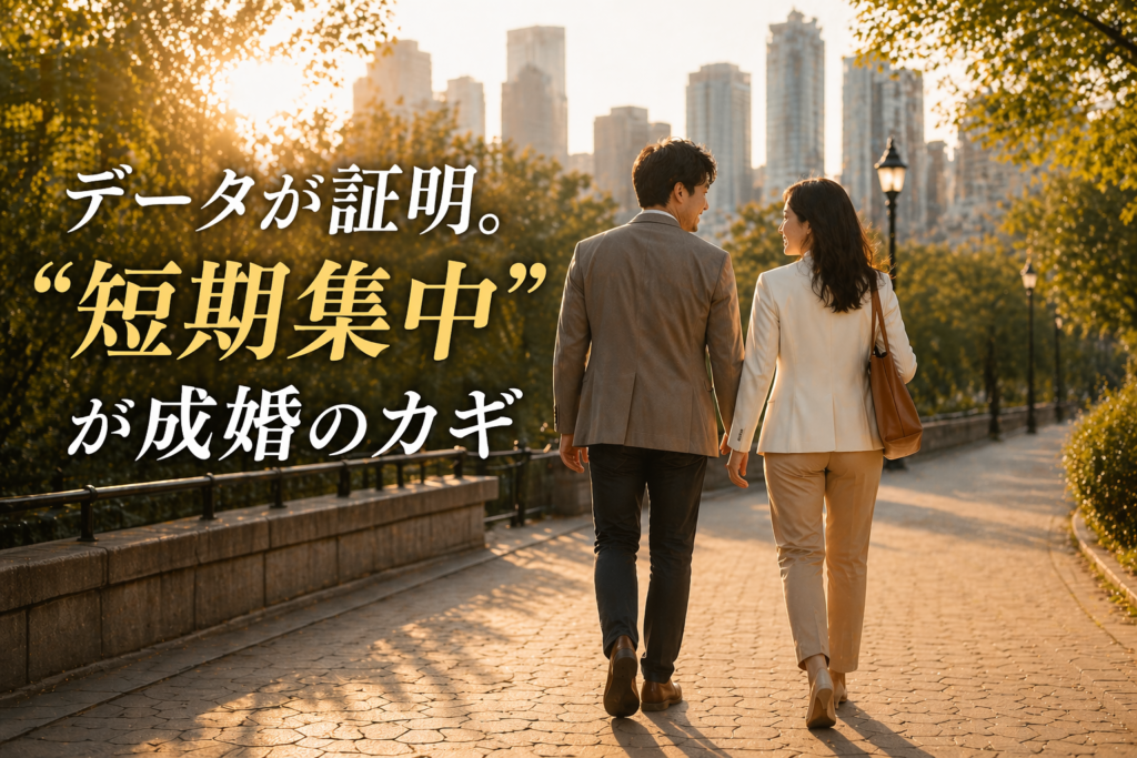 夕暮れの公園を前向きに歩く30代カップルの後ろ姿