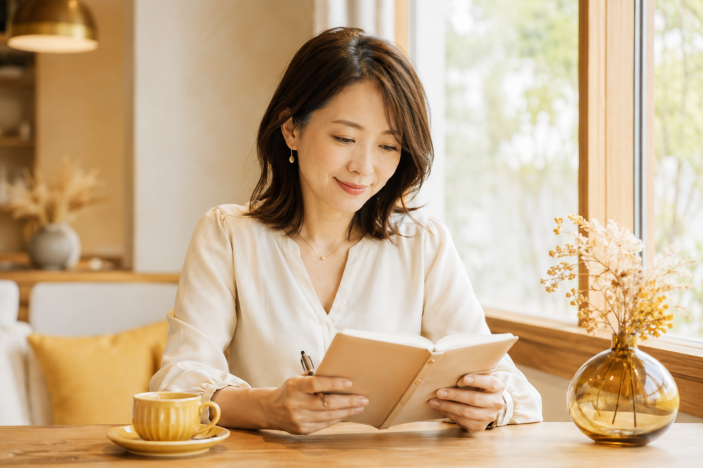 カフェで手帳を前に前向きな表情の30代日本人女性