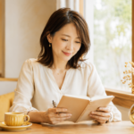 カフェで手帳を前に前向きな表情の30代日本人女性