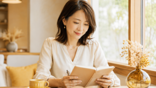 カフェで手帳を前に前向きな表情の30代日本人女性