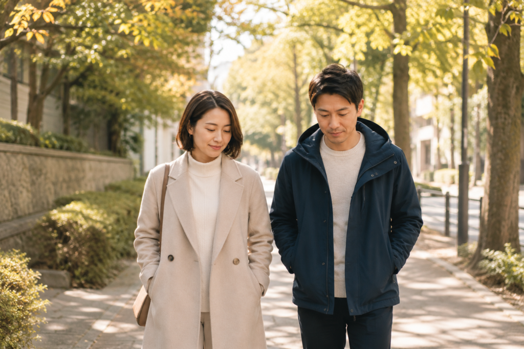 木漏れ日の中、並んで静かに歩く30代の日本人カップル