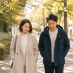 木漏れ日の中、並んで静かに歩く30代の日本人カップル