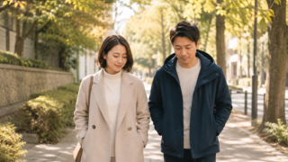 木漏れ日の中、並んで静かに歩く30代の日本人カップル