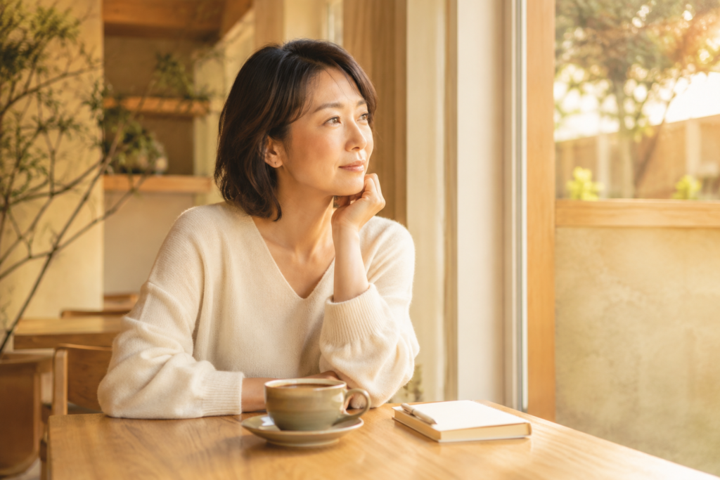カフェで窓の外を見つめながら婚活について静かに考える30代日本人女性