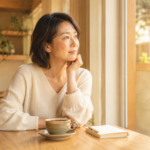 カフェで窓の外を見つめながら婚活について静かに考える30代日本人女性