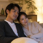ソファで寄り添いくつろぐ30代の日本人カップル