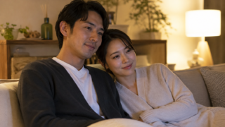 ソファで寄り添いくつろぐ30代の日本人カップル