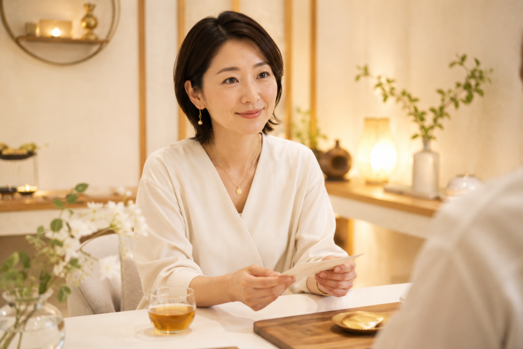 結婚相談所でやさしく微笑む30代の日本人女性