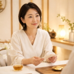 結婚相談所でやさしく微笑む30代の日本人女性