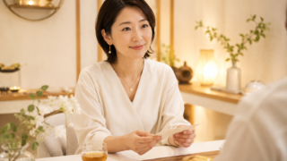 結婚相談所でやさしく微笑む30代の日本人女性