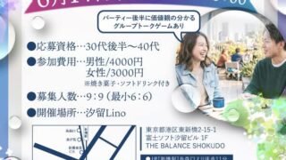 ６月１４日汐留で婚活パーティー。30代後半から40代です。