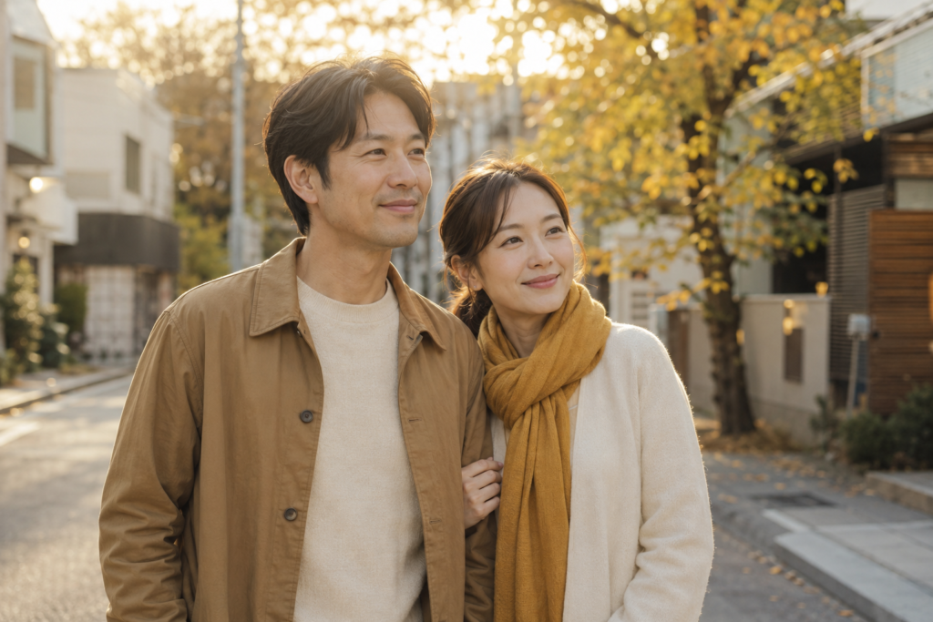 秋の街並みを並んで歩く30代の日本人カップル。自然な身長差で寄り添う二人の後ろ姿。