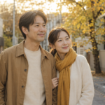 秋の街並みを並んで歩く30代の日本人カップル。自然な身長差で寄り添う二人の後ろ姿。