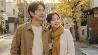 秋の街並みを並んで歩く30代の日本人カップル。自然な身長差で寄り添う二人の後ろ姿。