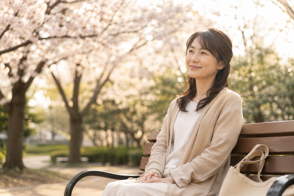 公園のベンチで穏やかに微笑む30代の日本人女性