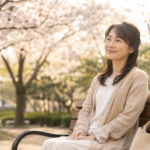 公園のベンチで穏やかに微笑む30代の日本人女性