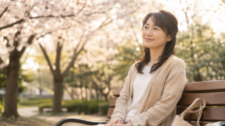 公園のベンチで穏やかに微笑む30代の日本人女性