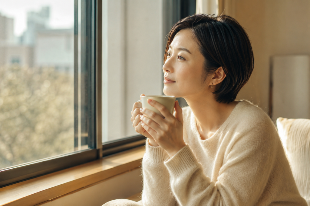 窓辺でコーヒーを手に物思いにふける30代の日本人女性