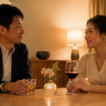 テーブルに赤ワインとウイスキーを置いて向き合う30代の日本人カップル