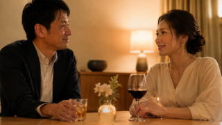 テーブルに赤ワインとウイスキーを置いて向き合う30代の日本人カップル