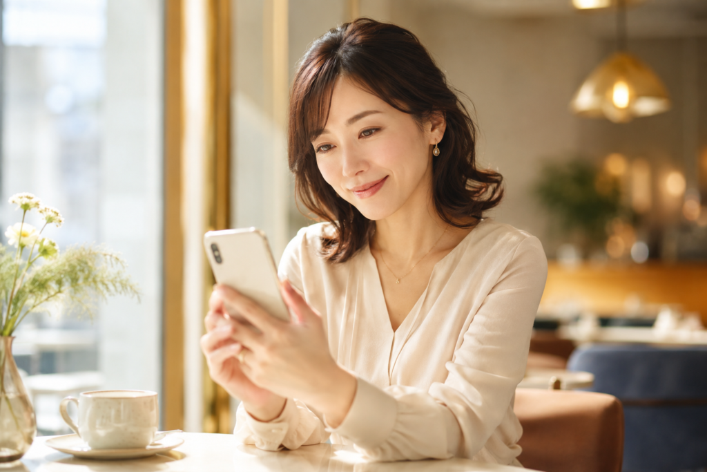 カフェで笑顔でスマートフォンを見る30代の日本人女性