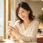 カフェで笑顔でスマートフォンを見る30代の日本人女性