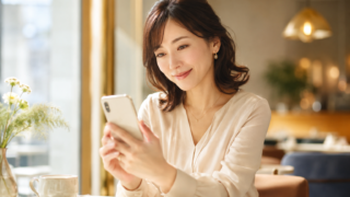カフェで笑顔でスマートフォンを見る30代の日本人女性
