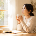 窓辺でコーヒーを持ちながら静かに考える30代日本人女性