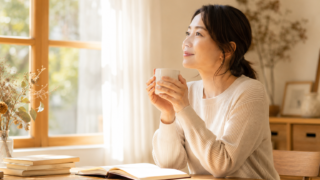 窓辺でコーヒーを持ちながら静かに考える30代日本人女性