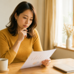 書類を見ながら考える30代の日本人女性。結婚のタイミングについて考えるイメージ。