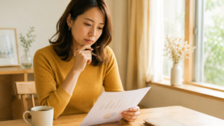 書類を見ながら考える30代の日本人女性。結婚のタイミングについて考えるイメージ。