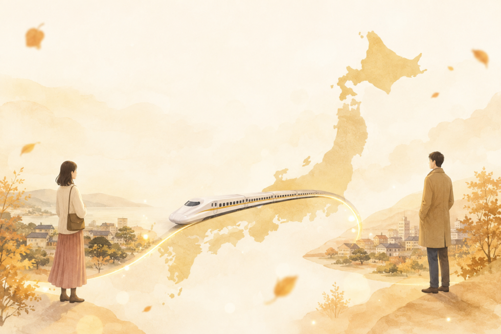 新幹線と地図のイラストで遠距離の出会いを表現した、遠距離・婚活応援キャンペーン第4弾のイメージ画像