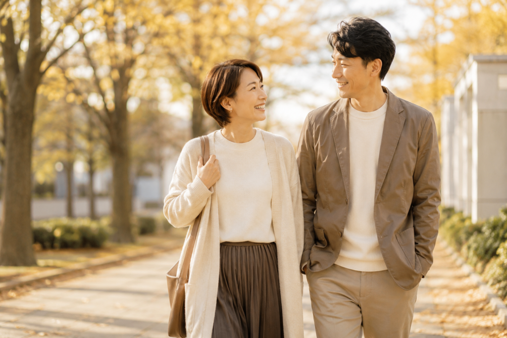秋の連休に並んで歩く日本人カップル、婚活・お見合いのイメージ写真
