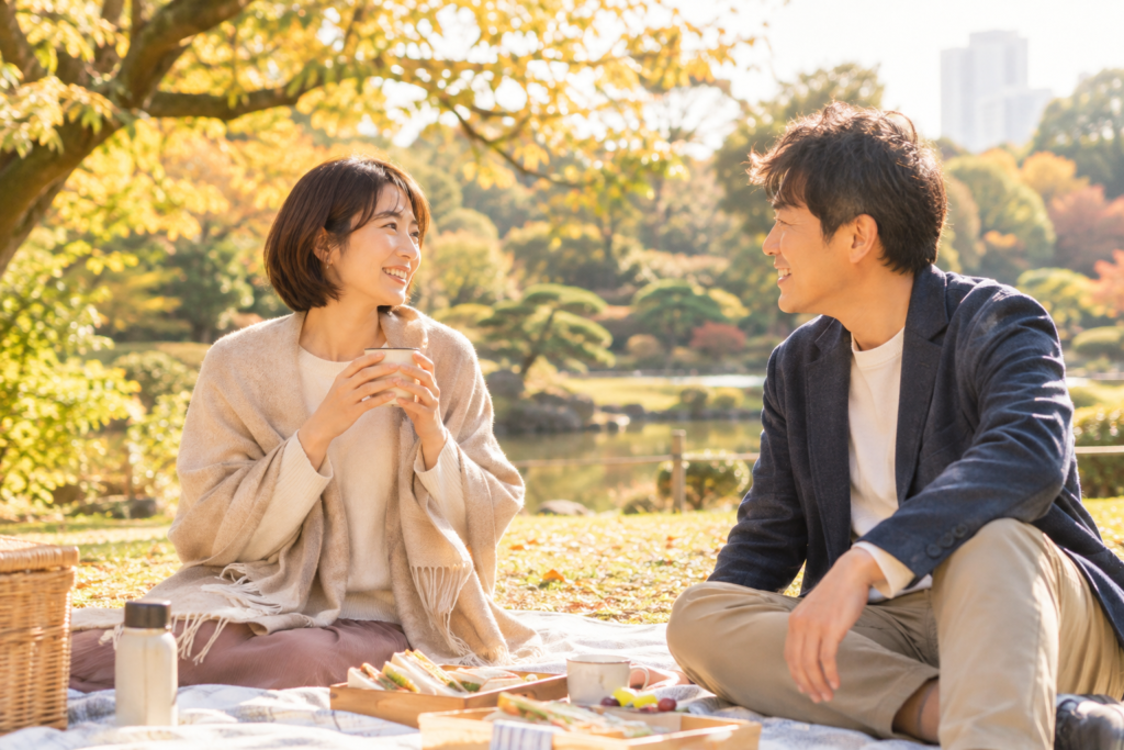秋の庭園でシートを広げて語り合う日本人カップル、成婚エピソードのイメージ写真