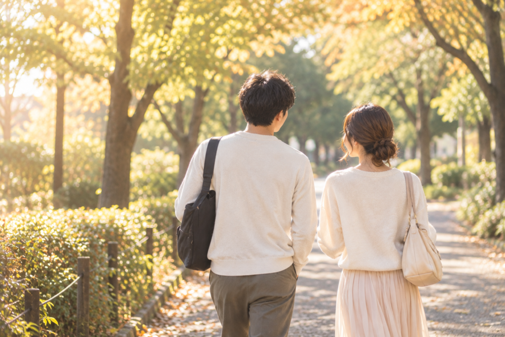 秋の並木道を並んで歩く二人の後ろ姿。婚活の先の日常のイメージ