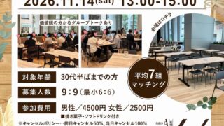 汐留で行われる婚活パーティーです。2026年11月14日開催。30代半ばまで。